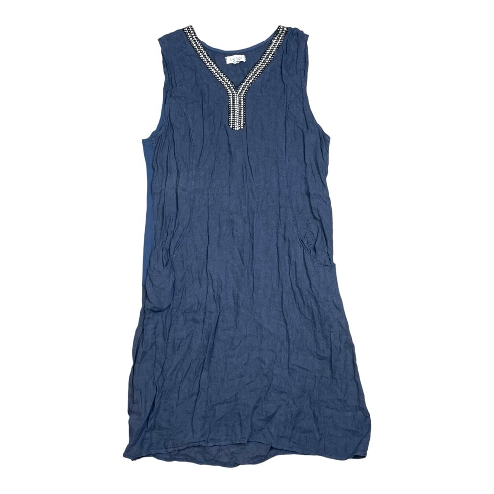 Lina Tomei Women Sheath Dress XL Blue 100% Linen Beaded V Neck Pocket Sleeveless